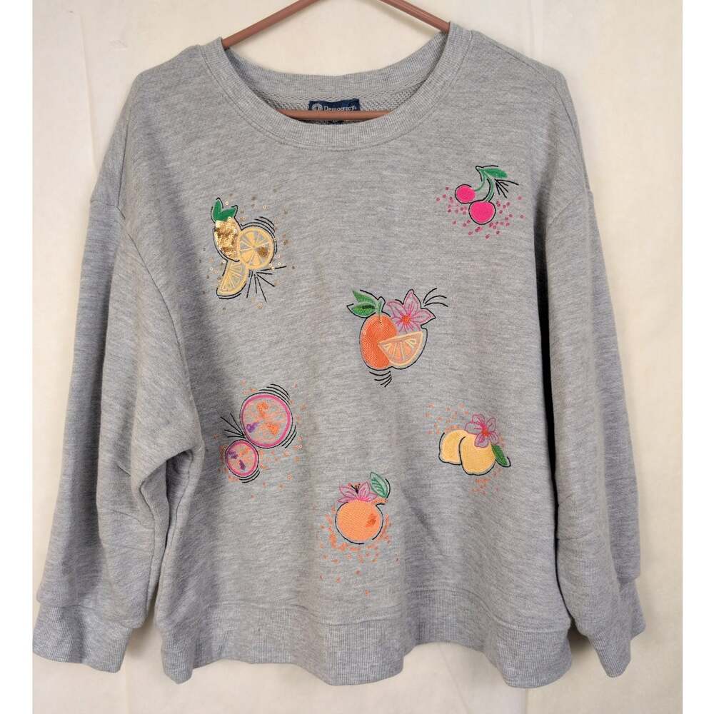 Democracy embroidered sequin fruit sweatshirt Size 1X Grey Novelty Tropical